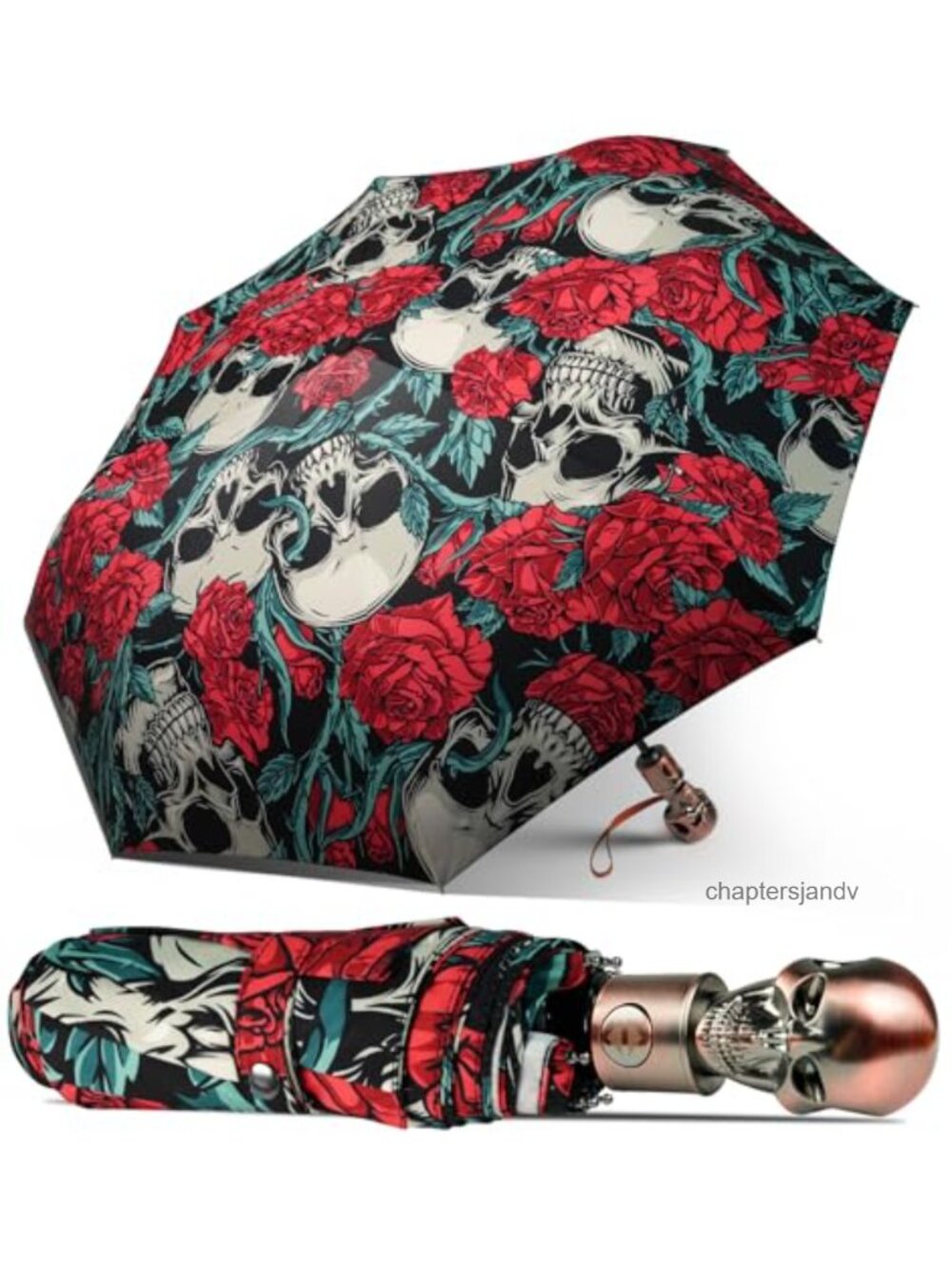 Skull Handle Windproof Travel Umbrella Compact Auto Open Close Gothic